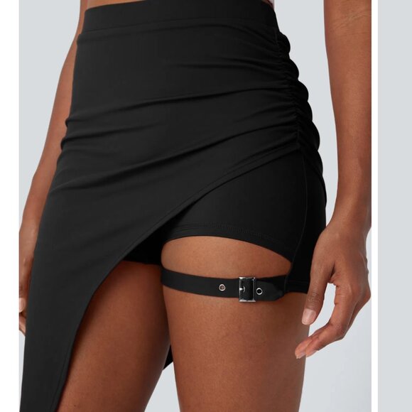 High Waisted Ruched Adjustable Buckle 2-in-1 Pocket High Low Dance Skirt - Picture 5 of 5